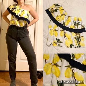 One Shoulder Lemon Print Top